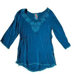 Johnny Was XS Teal Embroidered V-Neck Peasant Blouse 3/4 Sleeve Drawstring Waist
